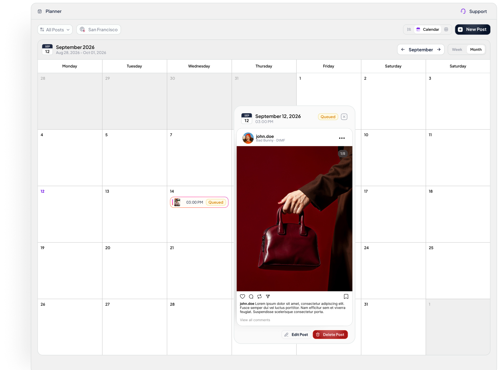 Calendar planner Figma screen with a queued post preview over the monthly grid