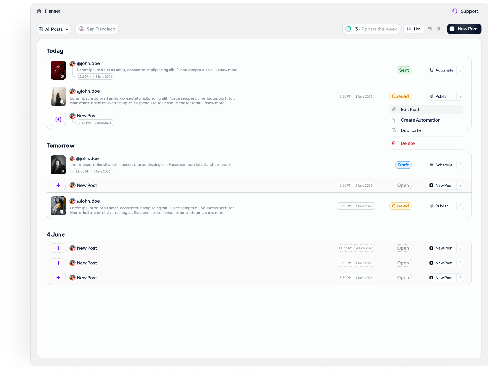 List planner Figma screen showing scheduled post rows and status badges