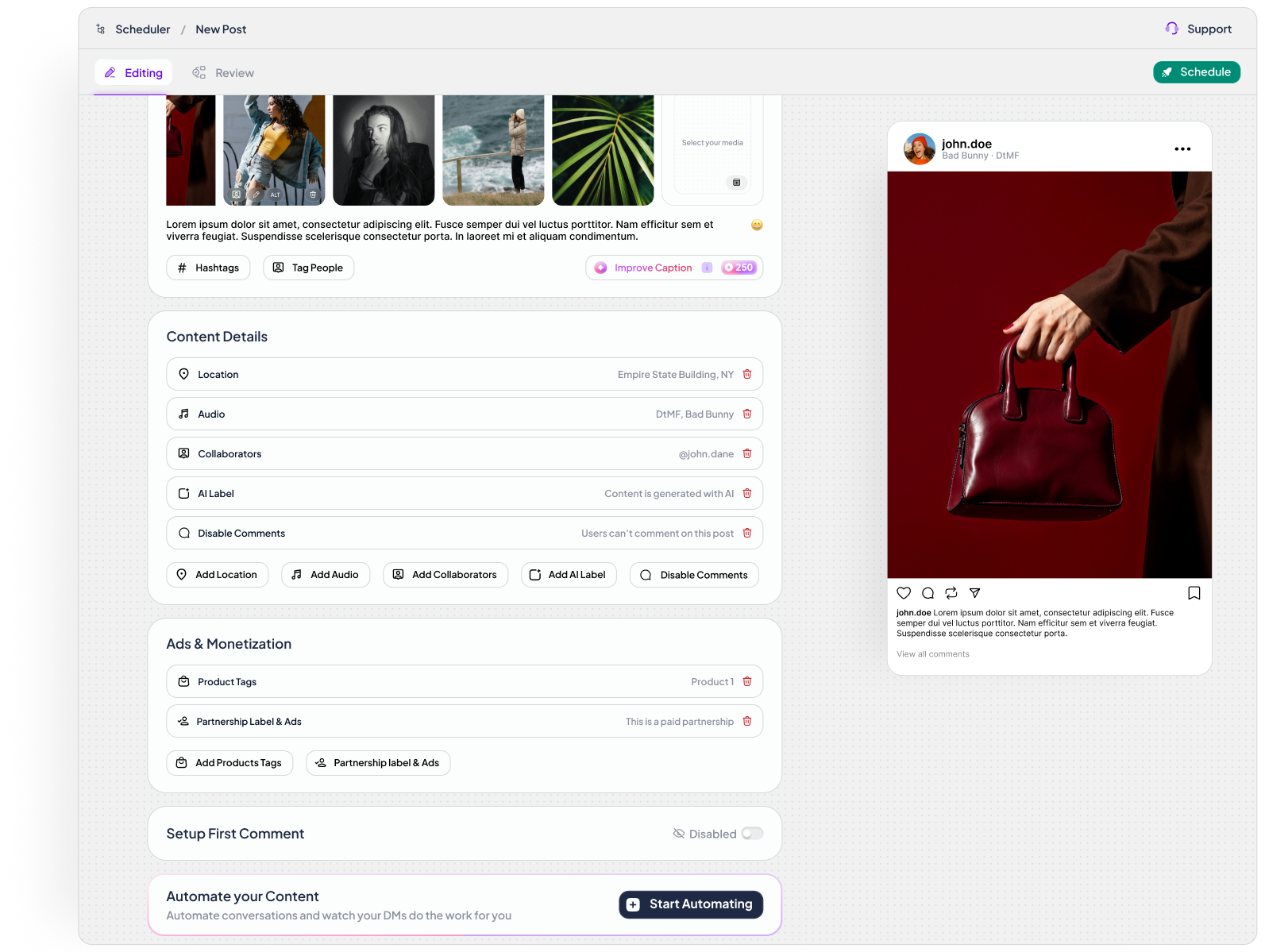 Post editor Figma screen with creation controls on the left and a social post preview on the right